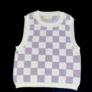 Sweater tank top; purple and white checkered; gently worn; size Small.